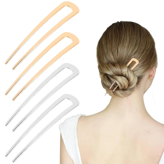 4 Pcs Large French Hair Pin U Shaped Hair Forks Vintage 2 Prong Bun Metal Hair Clips Chignon Classic Hair Stick Accessories for Women Girls Styling Thin Thick