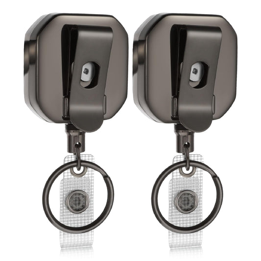 Dimeho 2Pack Retractable Keychain, Heavy Duty Badge Holder Retractable ID Badge Holder Reel Metal Carabiner Keychain with Belt Clip Steel Retractable Cord (Black)