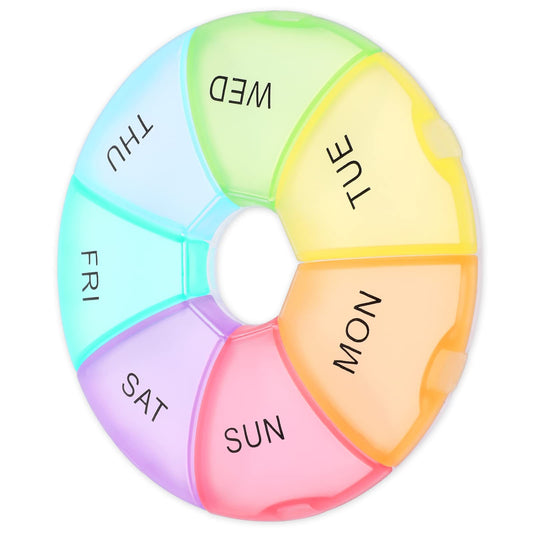 Sibba 1 PC Pill Box 7 Day Week Organizer Weekly Bottle Cute Round Travel Case Small Container Medicine Stored Dispenser 1 Time Daily Day Medication Sorter Supplements with Date Letters
