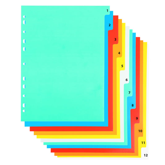 COMNICO 3 Ring Binder Dividers with Tabs, 12 Pack Bright Multicolor Durable Plastic Notebook Page Tabs Set Index Binders Paper for 2/3/4/11 Ring Binders, 11.6×8.2 Inch