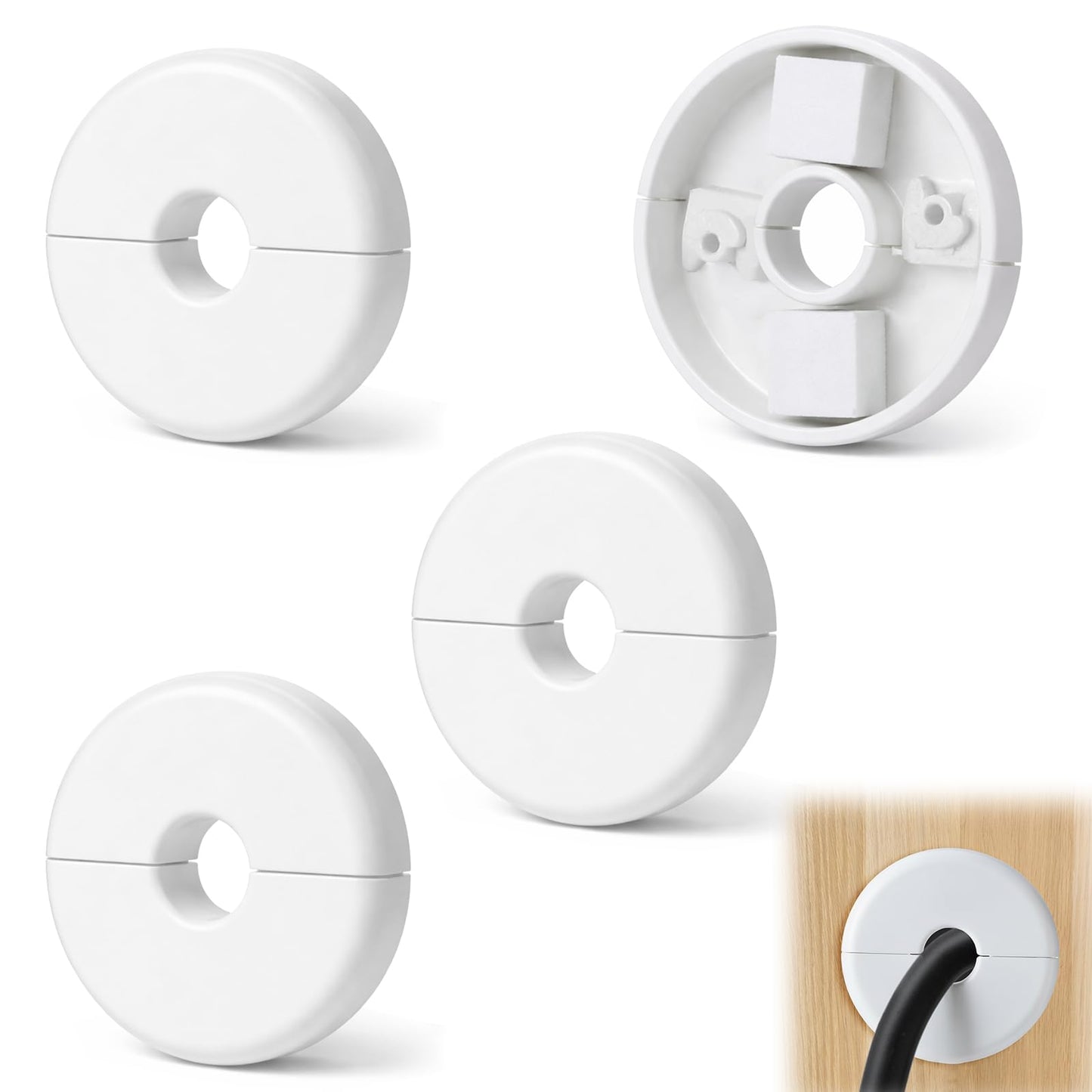 ElevateTech Wall Grommets for Cables, 4 Pcs Wall Cable Pass Through Grommet Routing Kit Anti-Slip Cords Hole Covers Portable Plastic Feed-Through for Walls Holes and Furniture Wire Holes, White