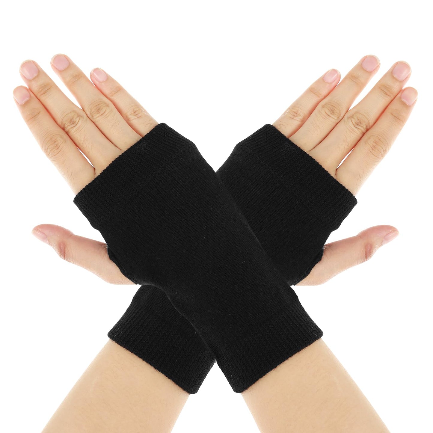 Sibba Fingerless Half Finger Gloves Winter Thick Short Stretchy Cotton Knit Mittens Wrists Knitted Thumb Hole Office Typing Phone Arthritis Unisex Women Men (Black)