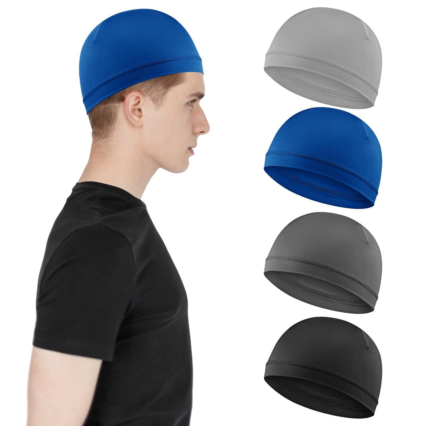4Pcs Wave Cap for Men Silky Durags Elastic Band Wave Caps for 360 540 720 Waves Soft Breathable Satin Durag Unisex Adults Kids Skullies Beanies Hats Shower Cap (Black,Dark grey,Light grey,Blue)