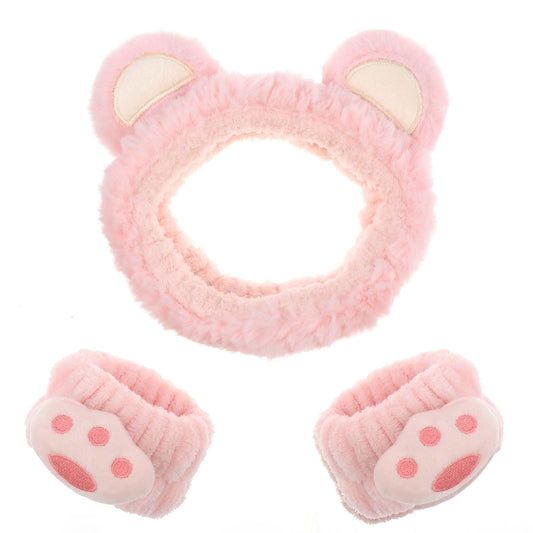 WLLHYF 3 Pieces Face Wash Headband and Wristband Set, Cute Bear Ears Spa Headband Makeup Skincare Hair Band Towels Wrist Bands Facial Head Wraps Wrist Scrunchies for Women Girls (pink, one size)