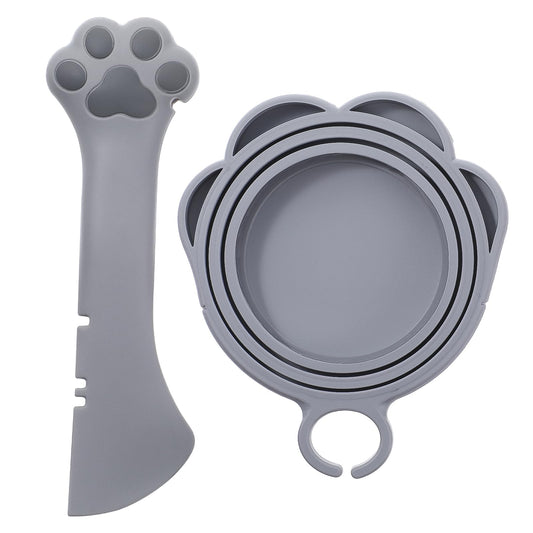 Sibba Pet Food Can Lids Cat Food Spoon Covers Opener Cute Paw Shape Spatula Silicone Dog Storage Openers Feeding Watering Supplies Lid for Dog Can Food Spoon for Cat Wet Dry (Grey)