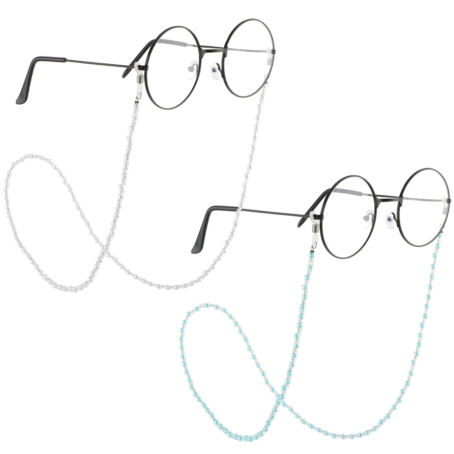 Sibba Eye Glasses Strap Chain 2 PCS Anti-Slip Eyeglasses Grip Holders Clasp Hold Around Neck Old Lady Women Grandma Chains Goth Costume Necklace Pearl Lanyard Sunglasses Reading Eyewear(Blue/White)