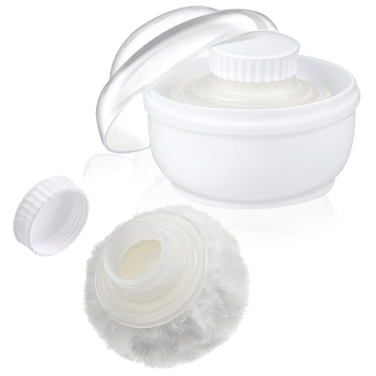 Wanmu 3.1 Inch Body Powder Puff and Container, Fluffy After Bath Body Powder Puff Box, Storage Body Powder Container with Handheld Stand for Baby Adult Daily Care (White)