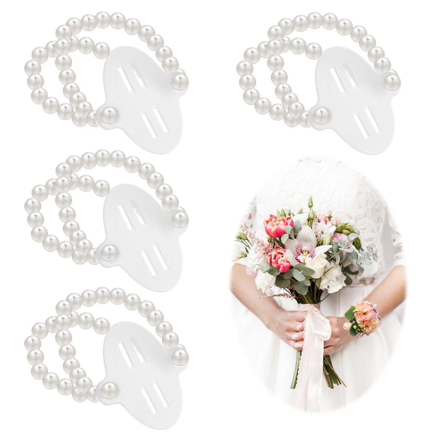 4Pcs Corsage Wristlet Band Elastic Pearl Wrist Bracelets Handmade Stretch Wedding Wristband Corsage Wristband Accessories for Christmas Thanksgiving Party Prom Bride Bridesmaid DIY Supplies