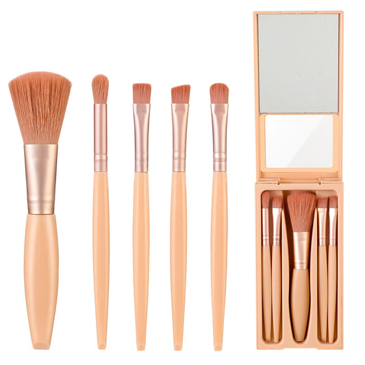 Sibba Makeup Brush Set with Mirror 5 Pcs Portable Foundation Powder Concealer Eyeshadow Brush Multifunctional Make Up Accessories Tool Fit Face Contour, Eye Beauty, Masquerade, Makeup Lover