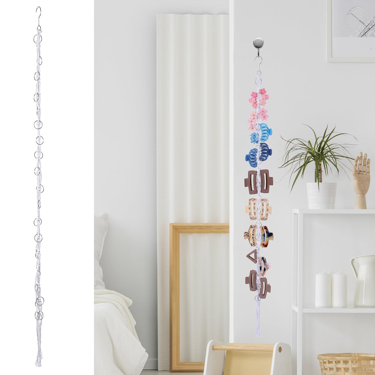 Macrame Hair Claw Clip Organizer with Rotating Hook 20 Metal Rings Hanging Hair Clip Holder Boho Hairs Barrettes Hanger Home Decor Alligator Hairclips Organizer Display for Bedroom College Dorm