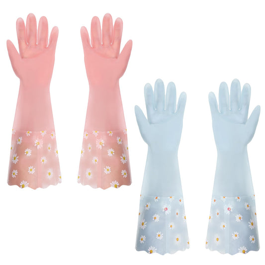 Sibba Dishwashing Cleaning Gloves, 2 Pairs Long Cuff and Flock Lining Household Cleaning Gloves, Reusable Rubber Gloves Non-Slip Laundry Kitchen Gardening Household Gloves