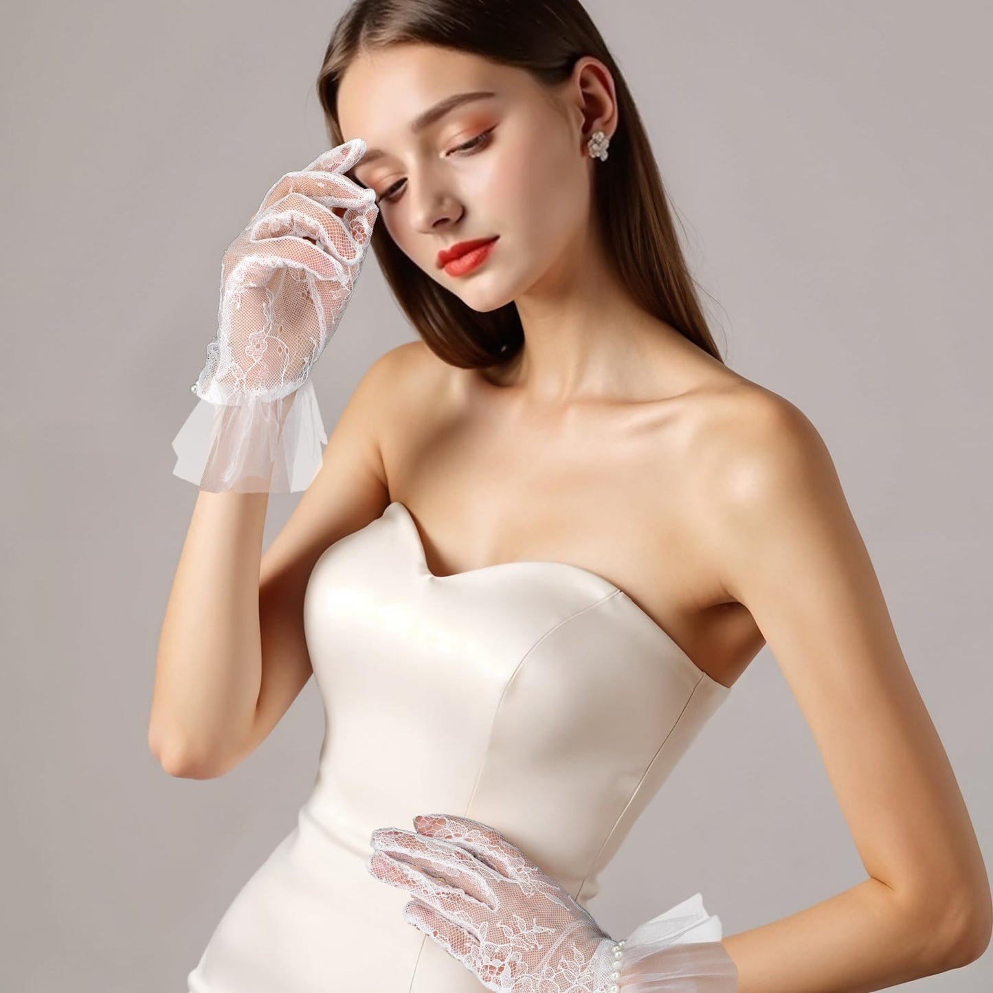 White Lace Gloves Long Women's Mesh Gloves Beads Fingerless Tulle Gloves Bridal Gloves for Wedding Tea Party Halloween Cosplay Accessories Wedding Bride, White, One size