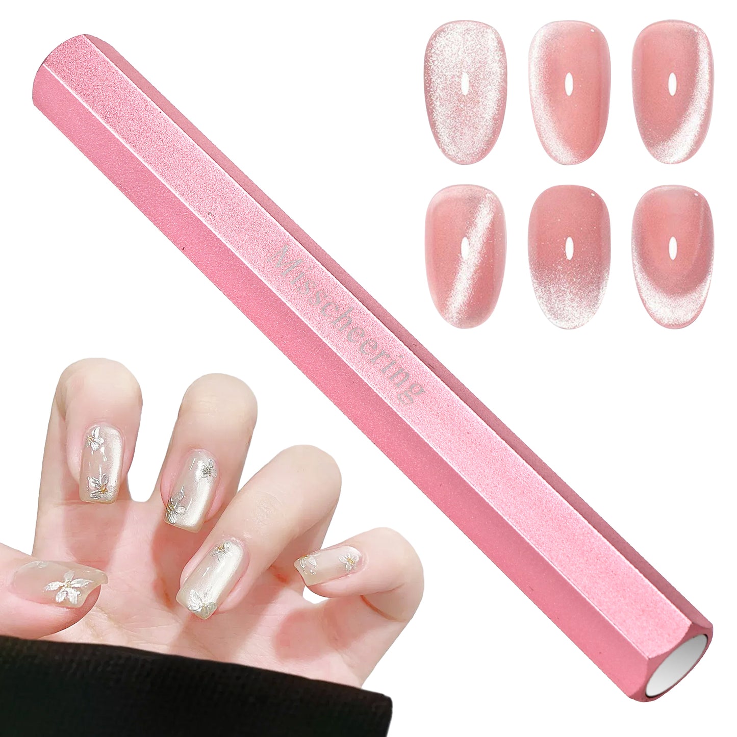 COMNICO Cat Eye Nail Magnet Tool Magnetic Gel Nail Polish Magnet Wand Double-Ended Hexagon Strong Magnets Sticks Nail Art Design Tools Accessories for Personal Home DIY Nail Studio Salon (Pink)