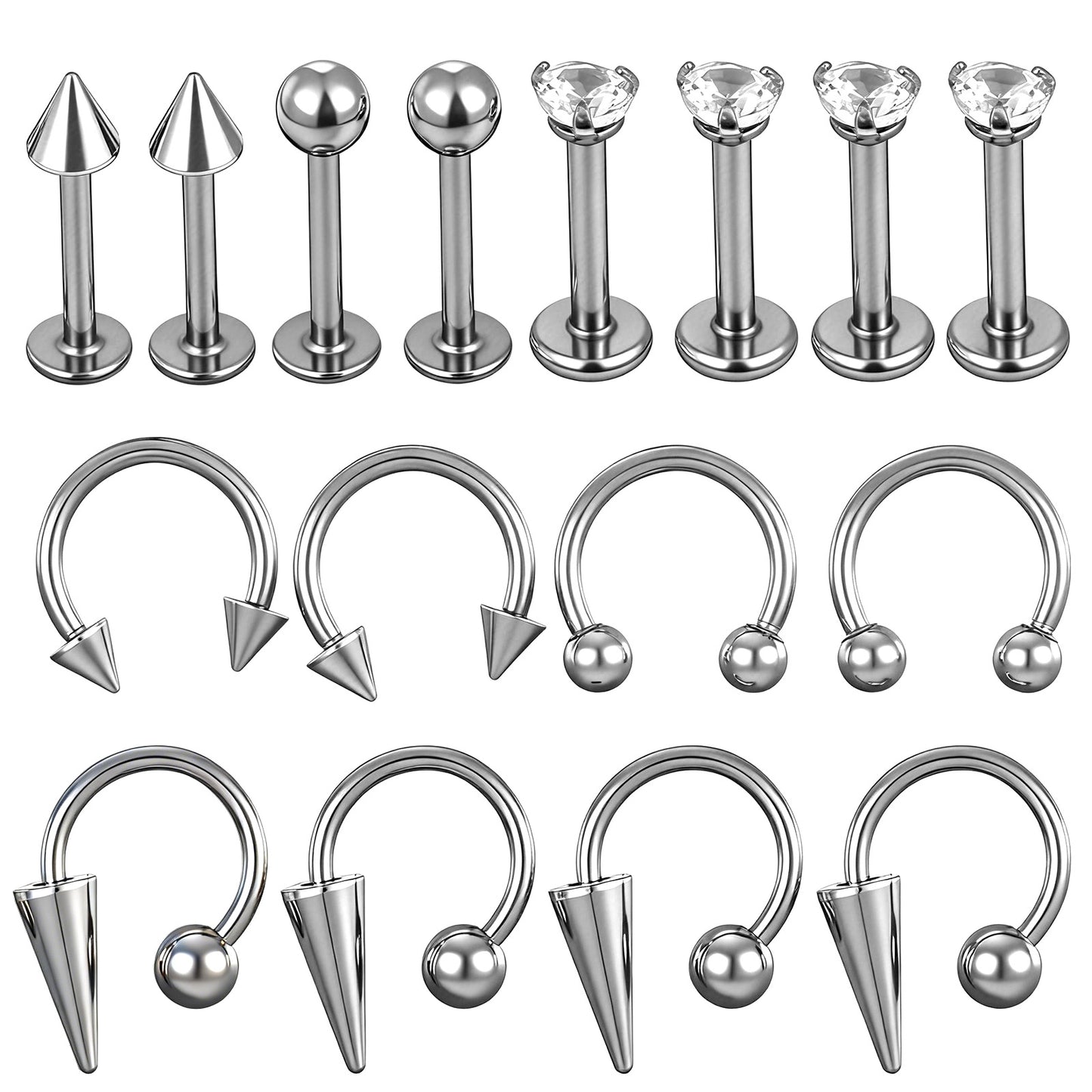 Gsbnjuy 16 Pcs Lip Rings Barbell Ring Piercing Jewelry Horseshoe Labret Jewelry Snake Bites Lips Lip Long Short Spike Ball Labret Rings for Women Men Earrings Helix Tragus Studs