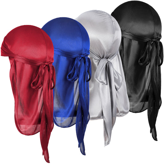 Sibba 4 Pcs Kids Satin Durags with Wave Caps Set Head Wrap Silky Durag Headwraps with Long Tail Wide Strap 360 Waves Cap Silky Satin Durag Extra Long Tails for Boys Girls, 4 Colors