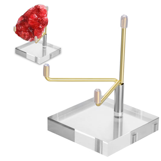 Sibba Adjustable Metal Arms Display Stand Photo Plate Stands Easel Acrylic Base Small Holder Case Plate Clear Base Gold Home Décor Accents for Collectibles Decorative Book Coral Geodes Rock(2x2x3 Inch