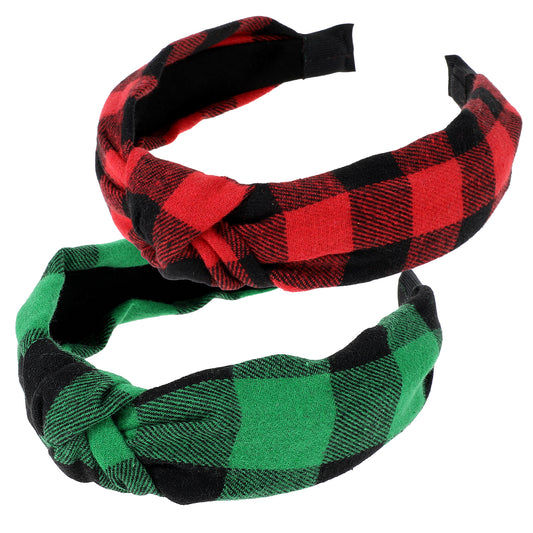 COMNICO 2 Pack Headbands for Women Girls, Valentines Christmas Stylish Top Knotted Plaid Head Bands Vintage Wide Hairband Red Green Hair Hoops Hair Accessories