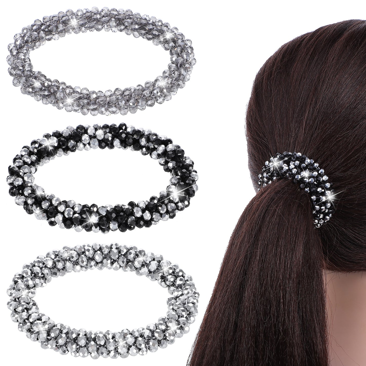 3 Pcs Rhinestone Hair Tie Ponytail Holders Sparkly Beaded Scrunchies Glitter Bling Decorative Hair Bands Elastic Crystal Ponytail Holder for Women Accessories Pretty Fancy Stretchy Ropes