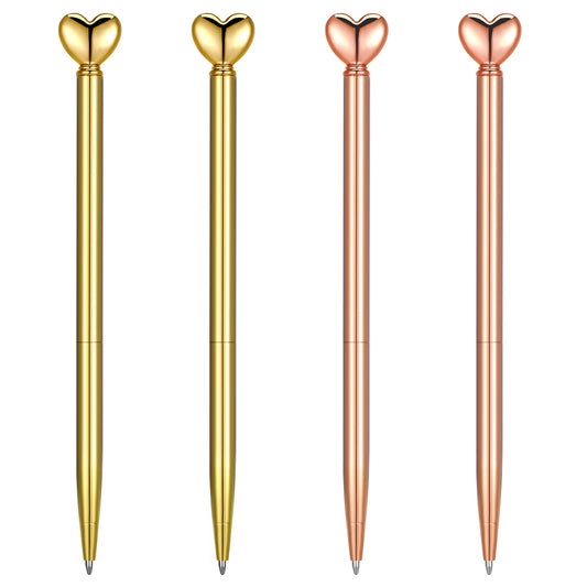 4 Pieces Heart Shaped Ballpoint Pen, Retractable Metal Decorative Pens, 1.0 mm Black Ink Ballpoint Pens Bulk, Cute Pen Gifts for Women School Office Wedding Bridal Shower Baby Shower (Gold&Rose Gold)