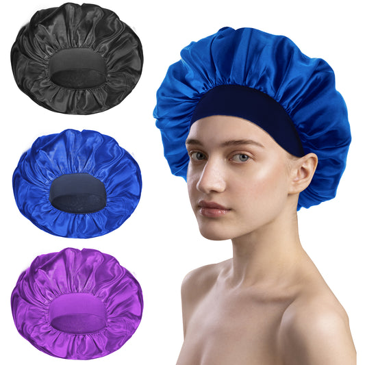 COMNICO Satin Bonnet for Sleeping, 3 Pcs Silk Bonnets Wide Soft Women Bonnet Large Elastic Band Hair Bonnet Shower Cap Hair Wrap for Black Women Men Curly Hair