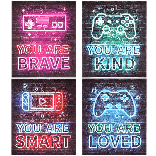 Wanmu Neon Video Game Decor Set of 4 (8"x10"), Encouragement Gaming Wall Art, Gamer Hanging Plaques Inspirational Decorations for Teen Boys Kids Game Room Bedroom Playroom, No Frames