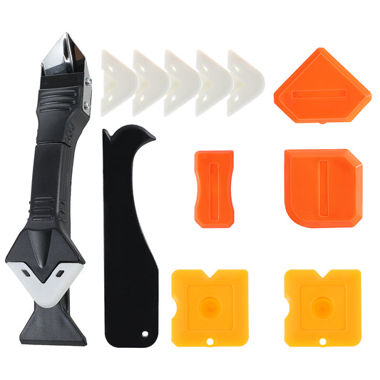 Sibba 3 in 1 Silicone Caulking Tools 12Pcs Sealant Finishing Remover Scraper Kit Multifunction Hand Tools Orange Grout Caulk Remover Applicator for Kitchen Bathroom Floor Window