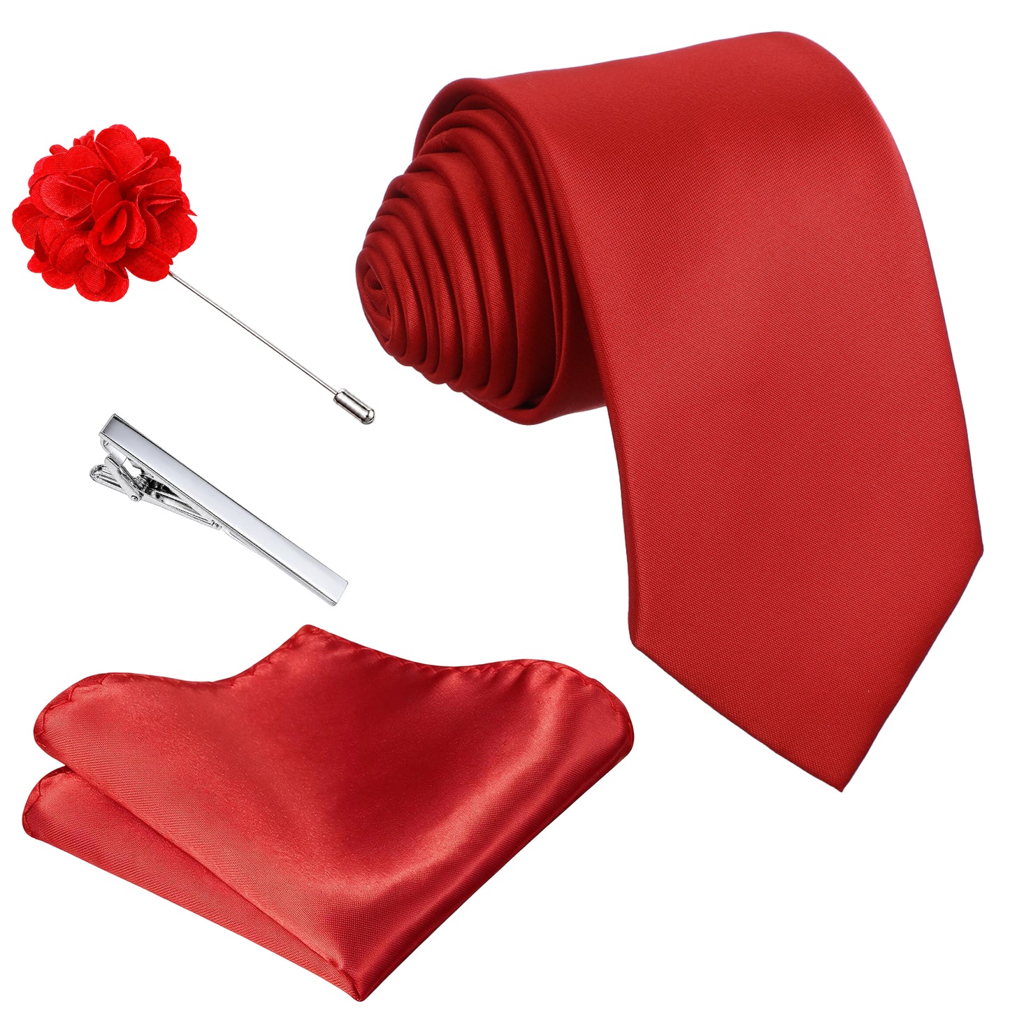 Sibba Formal Mens Tie and Lapel Pin Solid Necktie Handkerchief Tie Clip Set