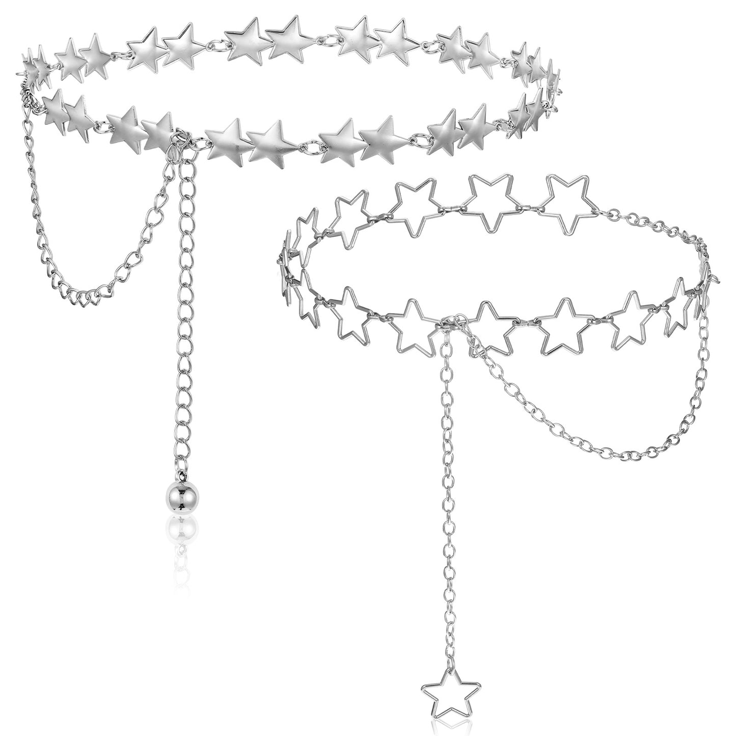 2 Pcs Star Chain Belt for Women, Adjustable Y2K Metal Waist Belt - Silver Punk Body Belts with Long Tassel, Cute Pocket Decorative Accessories for Dresses, Jeans & Rave