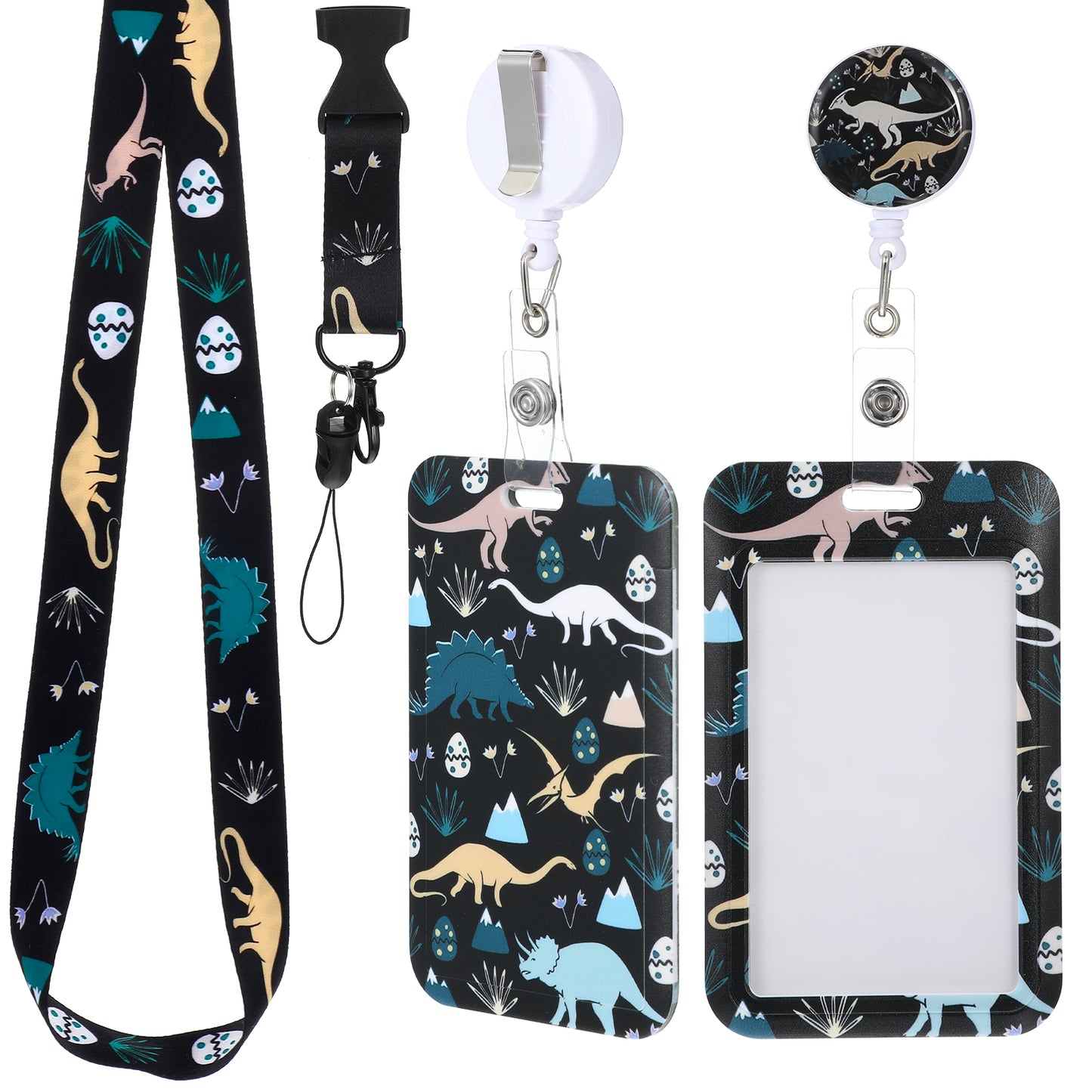 Cute Dinosaur Lanyards, Cool Black Dinosaur Key Lanyard Card Holder, Work School ID Card Badge Holder with Retractable Reel Clip for Women Nurse Nursing Doctor Teacher Student Kids