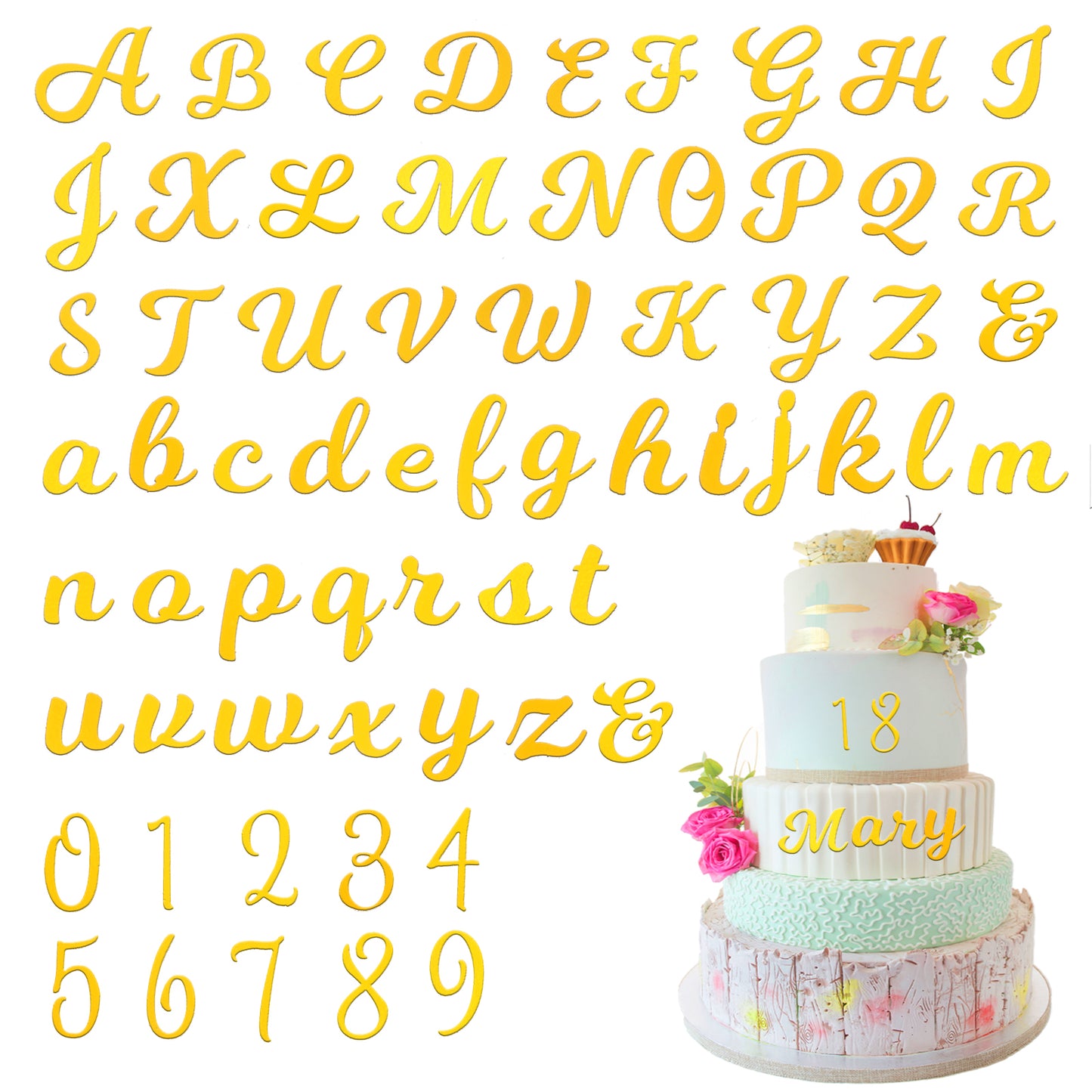 64 Pcs Golden Cake Toppers Alphabet Numbers Acrylic Cake Top Decoration Mirror Cupcake Banner Sticks Pastry Decor Sign for Party Anniversary Baby Shower Personalized Supplies
