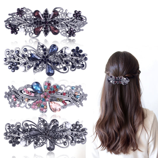 4 Pcs Flower Crystal Rhinestones Barrettes Metal Hair Clips for Women Pearl Spring Hair Pin Accessories Vintage Ponytail Holders Barrettes Sparkly Snap Headpieces for Ladies Girls Brides Daily Wear