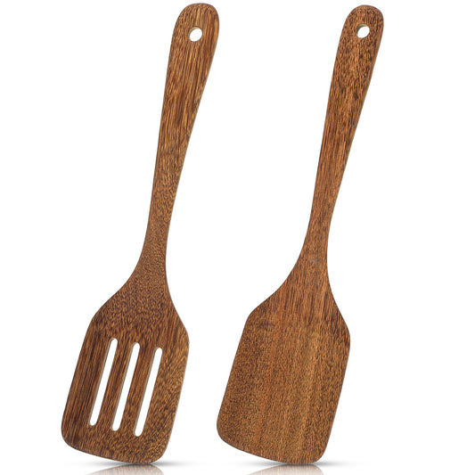 2 Pcs Wooden Spatula for Cooking 12 Inches Wood Spatula Slotted Turner Long Handle Frying Spatulas Cooking Utensils Kitchen Spatula Nonstick Cookware for Fish Eggs Pancakes Mixing Frying