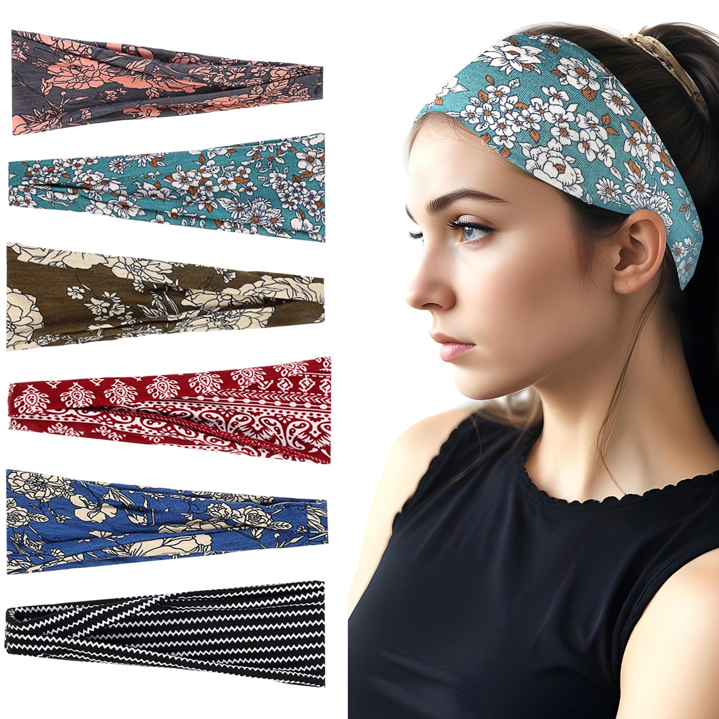 6 PCS Boho Headbands for Women Fashion Hair Accessories Soft Non-Slip Turban Wide Head Bands for Girls Workout Yoga Running Fashion Travel Washing Face Makeup Birthdays Anniversaries