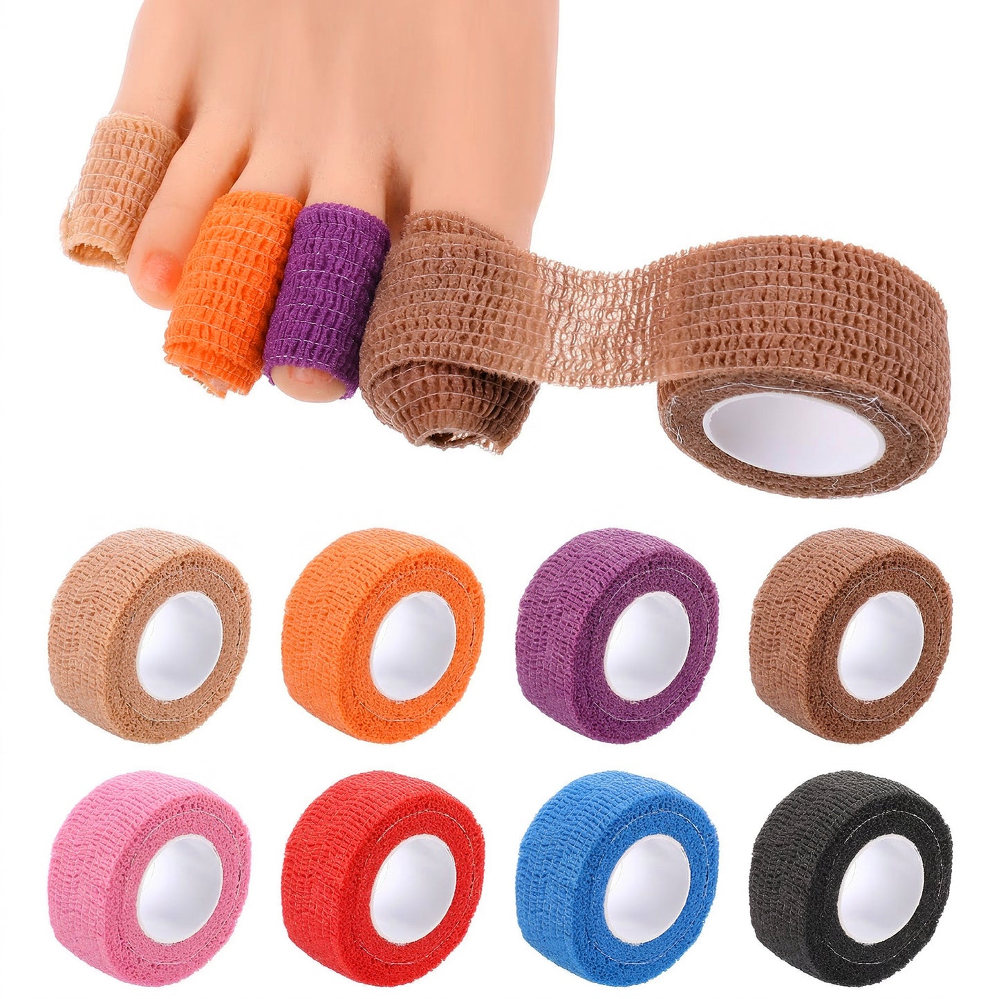 Wanmu 8 Rolls 1 inch Big Toe Protectors Bandage, Self Adhesive Bandage Wrap, Broken Little Toenail Tape Elastic Toe Covers Guards for Men Women Runners Pain Relief, Thumb Finger Wrist Ankle Vet Wrap
