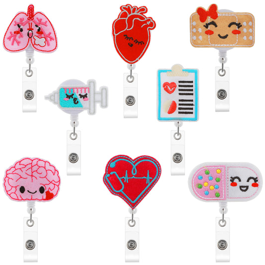 Wanmu 8Pcs Nurse Badge Reels Felt, Retractable Themed Badge Holders, Brain Heart Lung ID Badge Reel, Cute Felt Badge Holder with Alligator Clip and Retractable Cord for School Hospital Nurses Teacher