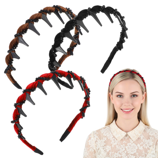 3Pcs Vintage High Cranium Artificial Pearl Hairband Bridal Hair Hoop Rhinestone Non-Slip Knotted Pearl Headband Wedding Party Headwear Band with Teeth Grip Elegant Hair Accessories for Women Girls