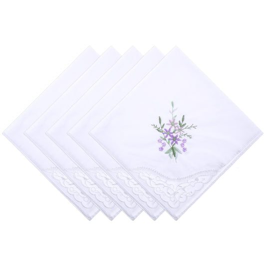 Dimeho 5 Pcs Handkerchiefs Cotton Scalloped Hankies for Men Women Pocket Square Towel with Flower Pattern White Suit Handkerchief Soft Hankies for Wedding Party Christmas Father's Day Gift (11 Inches)