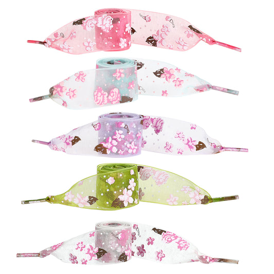 COMNICO 5 Pairs Satin Ribbon Shoe Laces, 2.7cm Wide Printing Flat Snow Yarn Shoelaces Colorful Shoe Ties Shoestrings for Women Girls