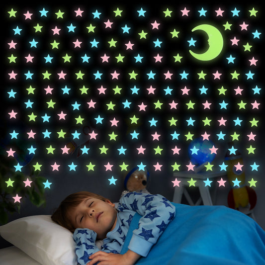 Wanmu 301Pcs Glow in The Dark Stars for Ceiling, Adhesive 3D Wall Stickers Moon and Stars for Kids Room, Colorful Luminous Stars Stickers Create a Realistic Starry Sky, Room Decor
