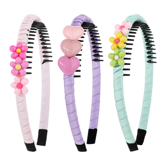 COMNICO Plastic Headbands, 3Pcs Non-slip Headbands with Teeth Colorful Heart Flower Headbands for Kids Cute Hair Comb Head Bands Thin Hair Bands Hair Accessories