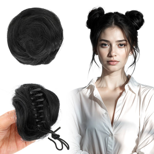 Dimeho 2 Pcs Space Buns Hair Pieces, Claw Clip in Hair Bun Mini Hair Scrunchies Fake Hair Bun Extension Hairpieces Priness Leia Buns Updo Wig Hair Accessories for Women (Black)