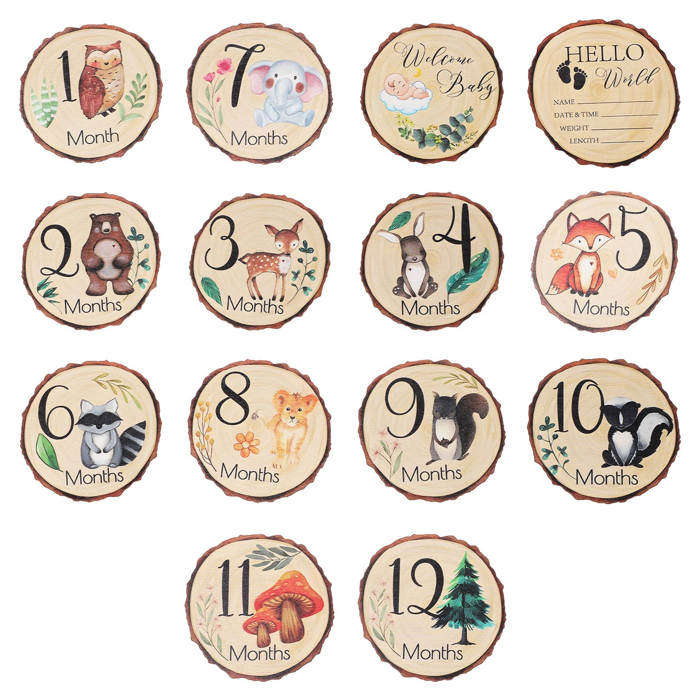 QFGasre 7pcs Baby Month Milestone Signs Double Sided Wooden Months Baby Milestone Cards Markers Woodland Hello Worlds Newborn Announcement Sign Photo Prop Gift Newborn Announcement Sign