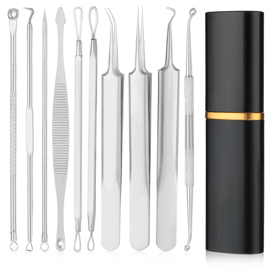 Sibba Pimple Popper Tool Kit 10 Pcs Blackhead Remover Tool Acne Extractor Blemish Removers Stainless Steel Pimple Extractor for Quick & Easy Removal of Zit Forehead Facial Nose