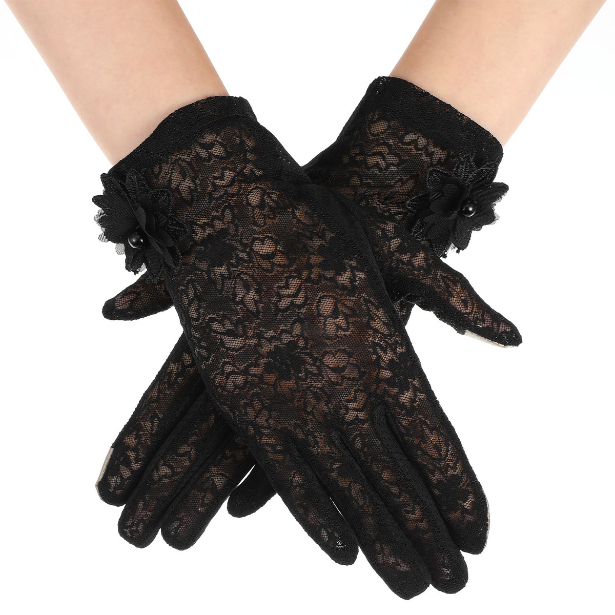 Wanmu Lace Gloves, Short Floral Tea Party Gloves for Women, Elegant Wedding Guantes Dress Accessories for Opera, Halloween, Dinner, Party(Black)