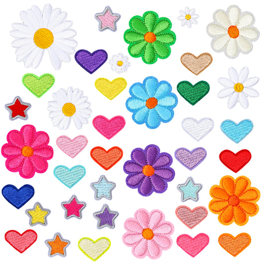 48 Pcs Colorful Flower Iron on Patches Daisy Flower Embroidered Sewing Patches Cute Flowers Star Heart Applique Patch for Repair DIY Crafts Clothing Jackets Jeans Pants Hats Backpacks