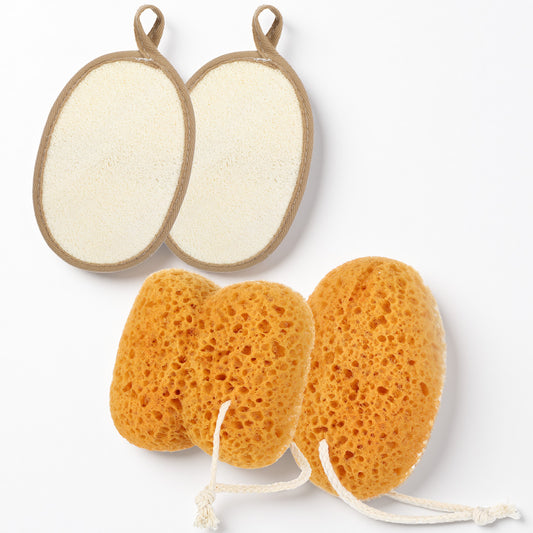 Sibba Body Shower Bath Sponge 4PCS Shower Sponges for Women Men Exfoliating Body Scrubber Face Puff Natural Loofah Face Scrubber with Dense Foam for Gentle Deep Cleansing Ultra-Soft for All Dry Skin