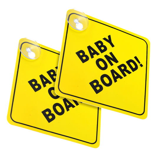 COMNICO Baby on Board Signs for Car, 2 Pcs 5"x5" Safety Car Sign with Double Suction Cups Bright Yellow Reusable Car Warning Signs Durable Baby in Car Sticker Decal for Car Window Cling