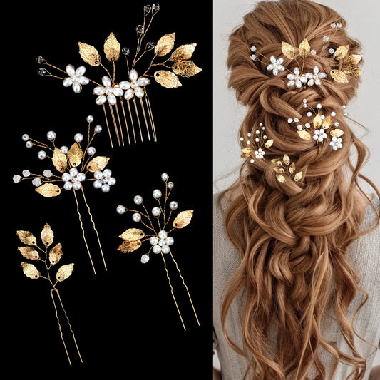 Dimeho 4 Pcs Bridal Wedding Hair Pins, Gold Leaf Bridal Hair Pins with Crystal Pearl Flower Hair Accessory Wedding Hair Clips Vintage Hair Piece Jewelry Accessories for Brides Bridesmaids Women