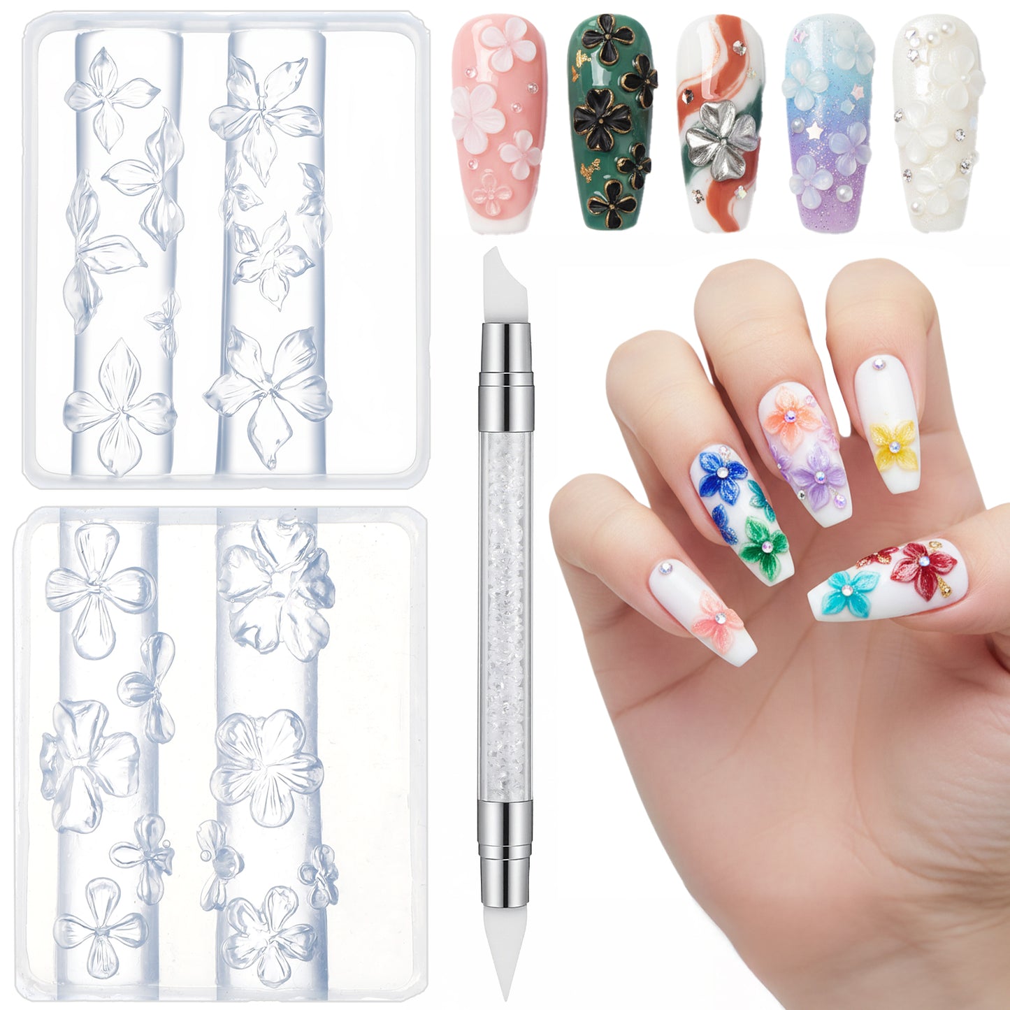 Sibba 3D Flowers Nail Mold Kit 2 PCS Transparent Silicone Nail Art Molds with Dual-End Carving Pen for 3D Gel Nails Design Professional Art Carving Template Nails Charm Supplies for Home Salon