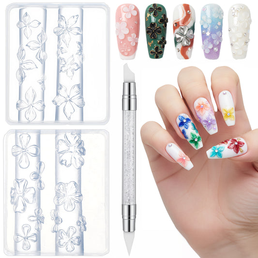 Sibba 3D Flowers Nail Mold Kit 2 PCS Transparent Silicone Nail Art Molds with Dual-End Carving Pen for 3D Gel Nails Design Professional Art Carving Template Nails Charm Supplies for Home Salon